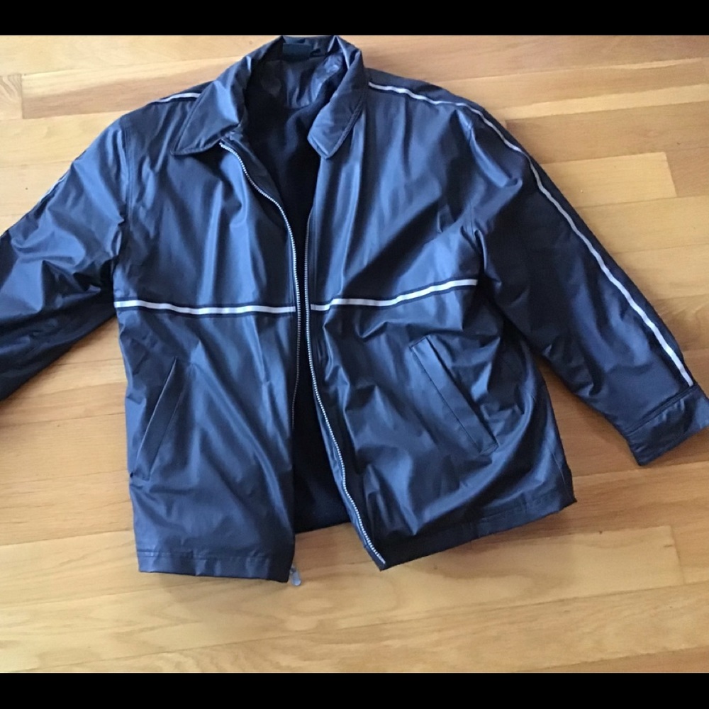 Burnside Men’s Black polyvinyl jacket.  Size Large.